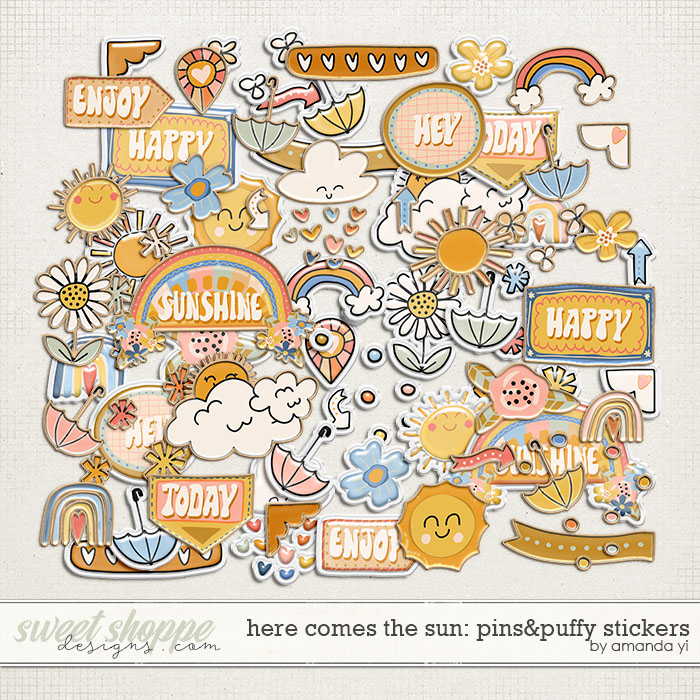 Here comes the sun: pins&puffy stickers by Amanda Yi
