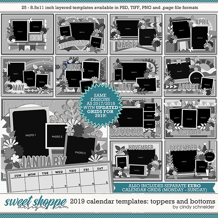 Cindy's Layered Templates - 2019 Calendar Templates: Toppers and Bottoms by Cindy Schneider Cindy's Layered Templates - 2019 Calendar Templates: Toppers and Bottoms by Cindy Schneider