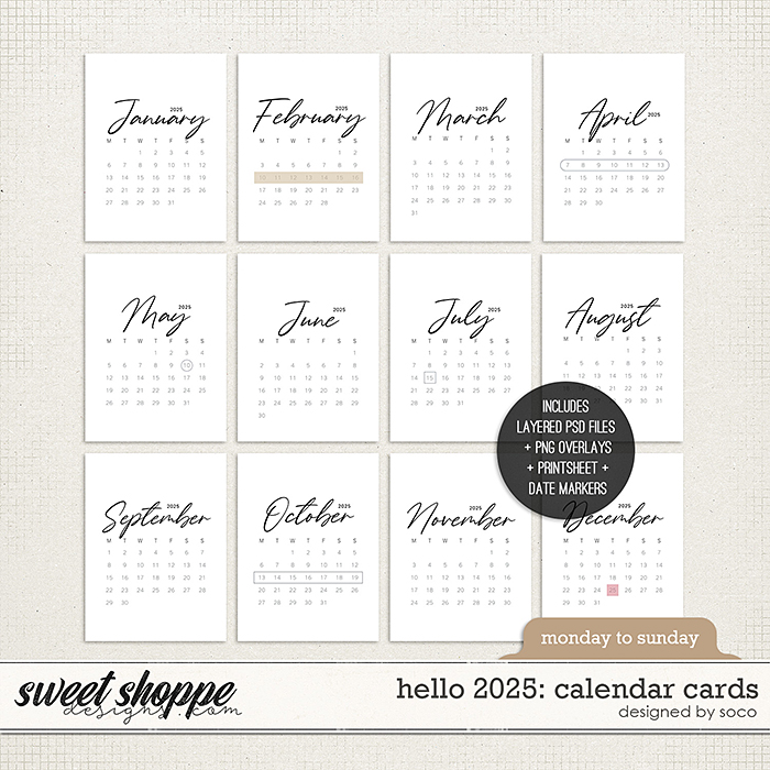 Hello 2025: Calendar Cards (Monday - Sunday) | Designed by Soco