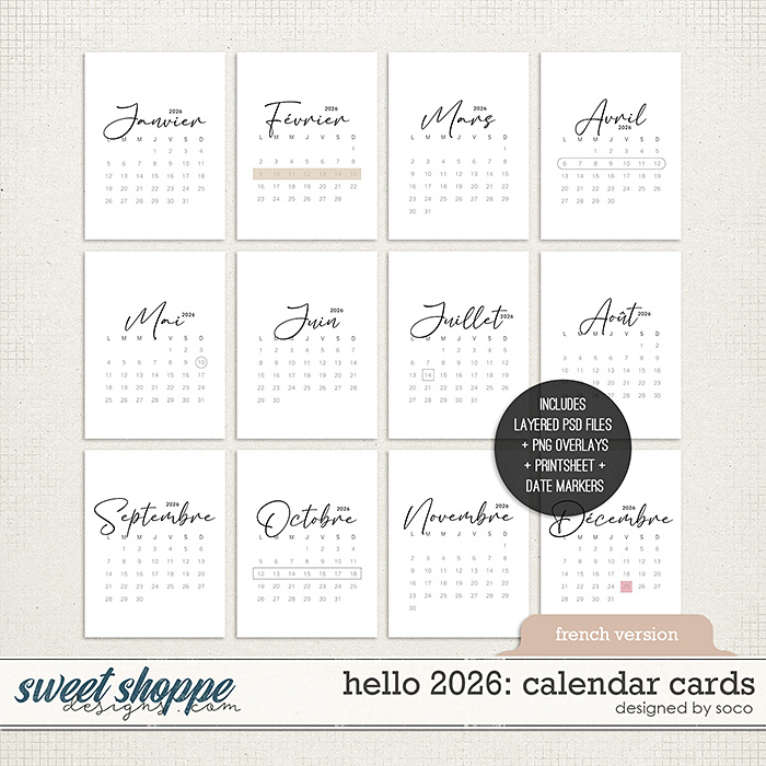 Hello 2026: Calendar Cards (French Version) | Designed by Soco