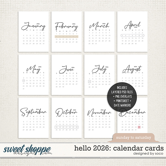 Hello 2026: Calendar Cards (Sunday - Saturday) | Designed by Soco