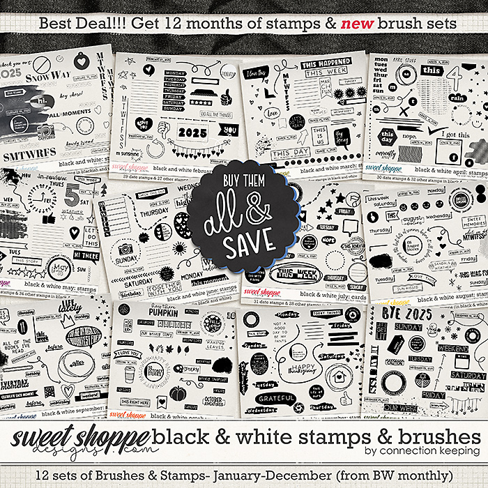 Black & White Monthly Stamps and BRUSHES Collection (all released in 2025) by Connection Keeping