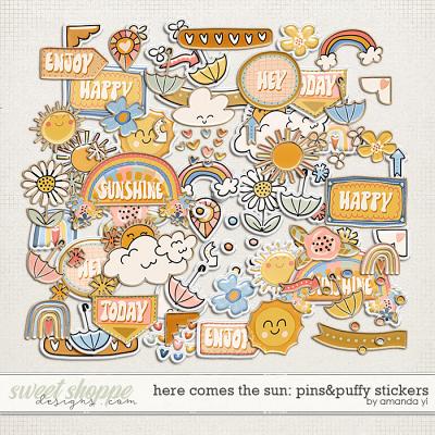 Here comes the sun: pins&puffy stickers by Amanda Yi